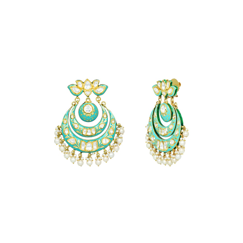 Turquoise Lotus-Inspired Chandbali Earrings with Polkis and Pearls